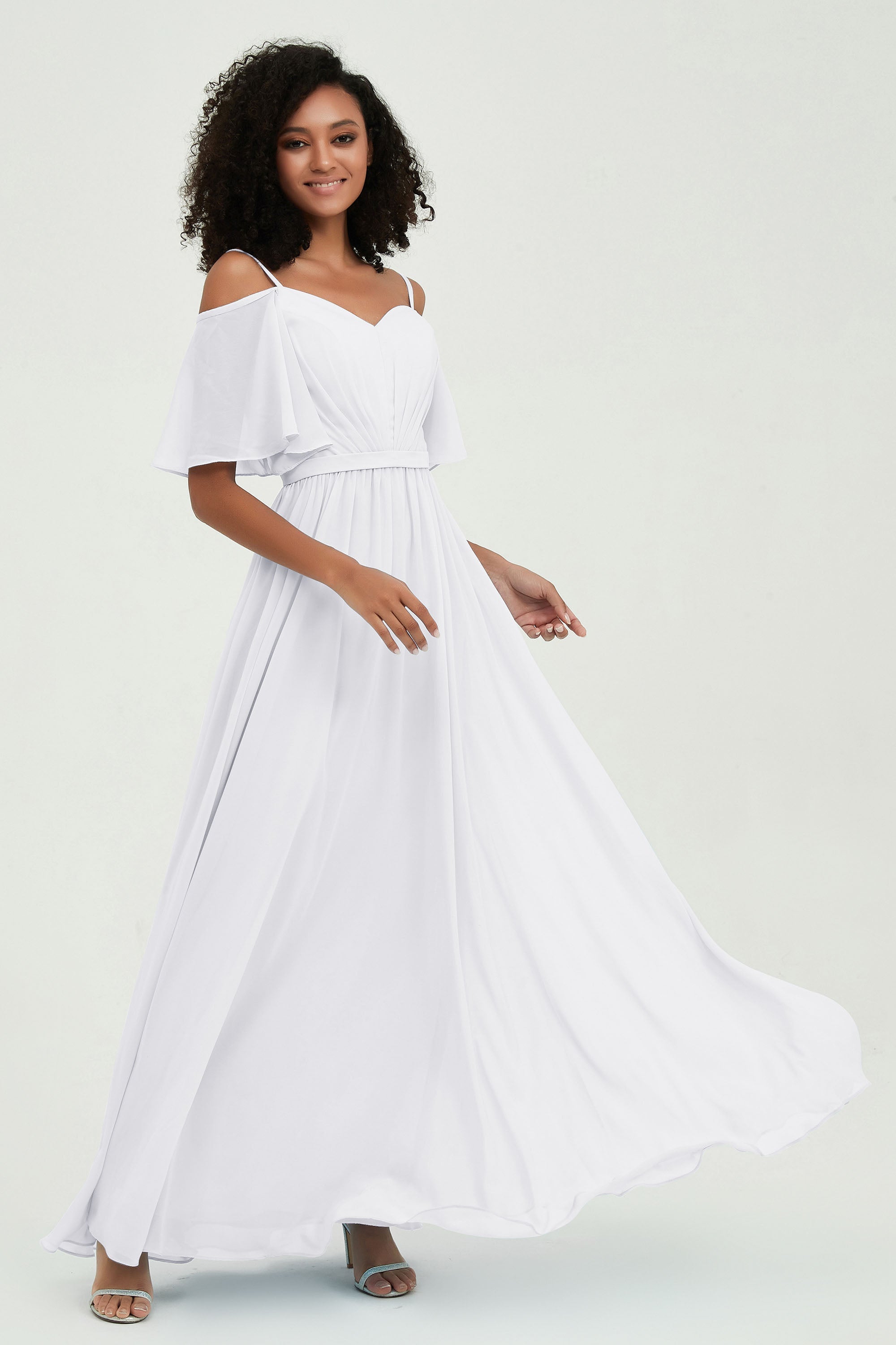 Off the Shoulder Chiffon Flutter Sleeves Junior Bridesmaid Dress Formal Evening Prom Gowns