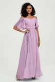 Off the Shoulder Chiffon Flutter Sleeves Junior Bridesmaid Dress Formal Evening Prom Gowns