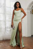 scoop neckline satin sweep train prom evening dress with high slit formal bridesmaid dresses