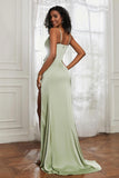 scoop neckline satin sweep train prom evening dress with high slit formal bridesmaid dresses