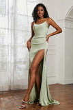 scoop neckline satin sweep train prom evening dress with high slit formal bridesmaid dresses