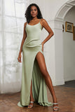 scoop neckline satin sweep train prom evening dress with high slit formal bridesmaid dresses