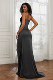 scoop neckline satin sweep train prom evening dress with high slit formal bridesmaid dresses