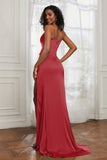 scoop neckline satin sweep train prom evening dress with high slit formal bridesmaid dresses