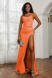 scoop neckline satin sweep train prom evening dress with high slit formal bridesmaid dresses