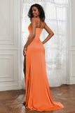 scoop neckline satin sweep train prom evening dress with high slit formal bridesmaid dresses