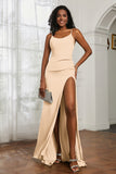 scoop neckline satin sweep train prom evening dress with high slit formal bridesmaid dresses