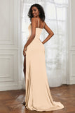 scoop neckline satin sweep train prom evening dress with high slit formal bridesmaid dresses