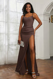 scoop neckline satin sweep train prom evening dress with high slit formal bridesmaid dresses
