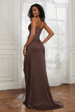 scoop neckline satin sweep train prom evening dress with high slit formal bridesmaid dresses