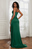 scoop neckline satin sweep train prom evening dress with high slit formal bridesmaid dresses