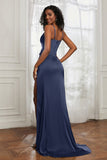 scoop neckline satin sweep train prom evening dress with high slit formal bridesmaid dresses