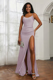 scoop neckline satin sweep train prom evening dress with high slit formal bridesmaid dresses