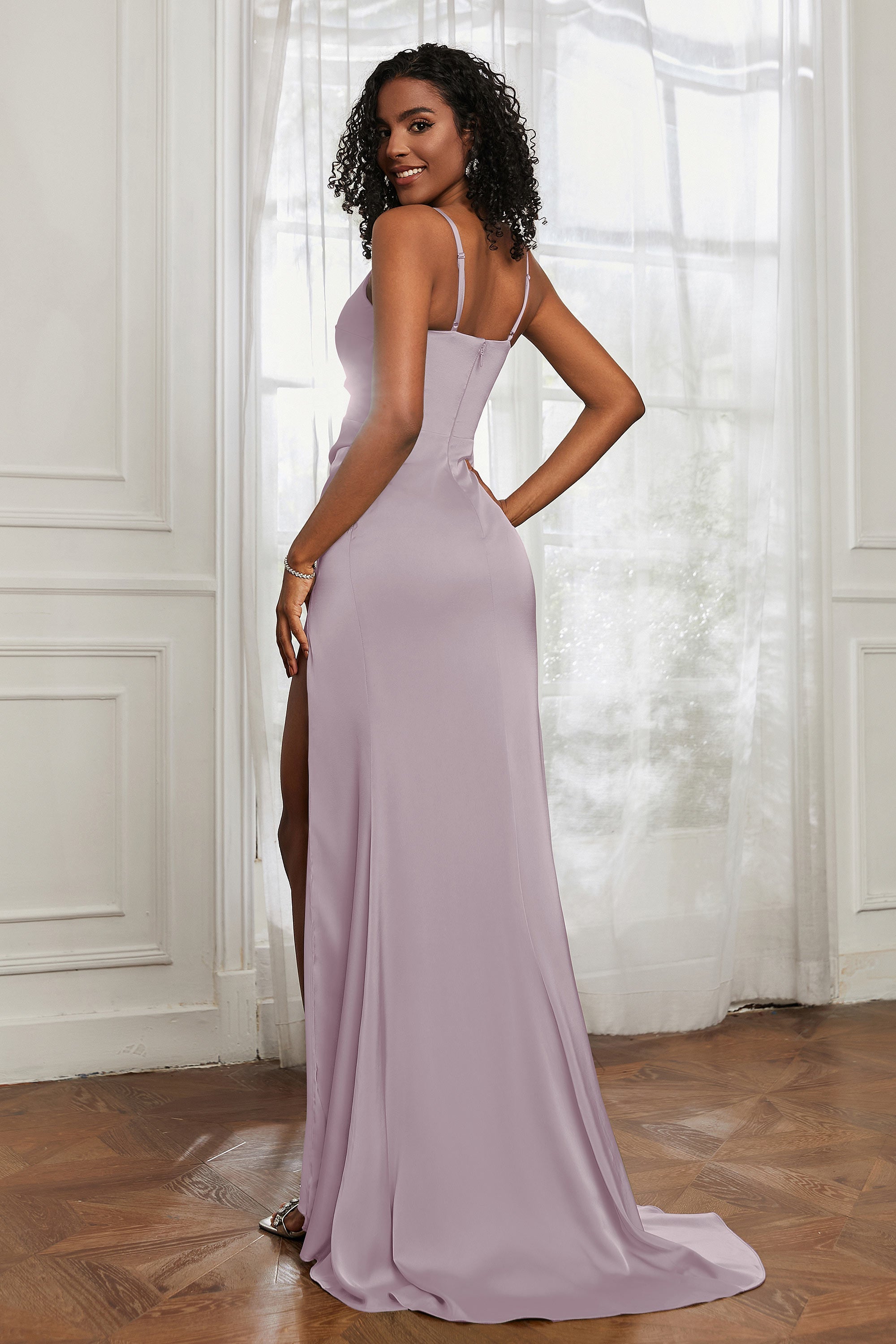 scoop neckline satin sweep train prom evening dress with high slit formal bridesmaid dresses