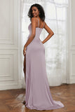 scoop neckline satin sweep train prom evening dress with high slit formal bridesmaid dresses