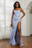 scoop neckline satin sweep train prom evening dress with high slit formal bridesmaid dresses