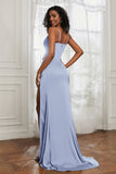 scoop neckline satin sweep train prom evening dress with high slit formal bridesmaid dresses