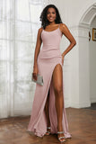 scoop neckline satin sweep train prom evening dress with high slit formal bridesmaid dresses