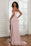 scoop neckline satin sweep train prom evening dress with high slit formal bridesmaid dresses