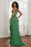 scoop neckline satin sweep train prom evening dress with high slit formal bridesmaid dresses