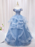 A-Line Blue Tulle Long Sweet Quinceanera Dress