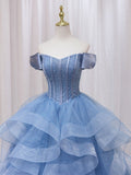 A-Line Blue Tulle Long Sweet Quinceanera Dress