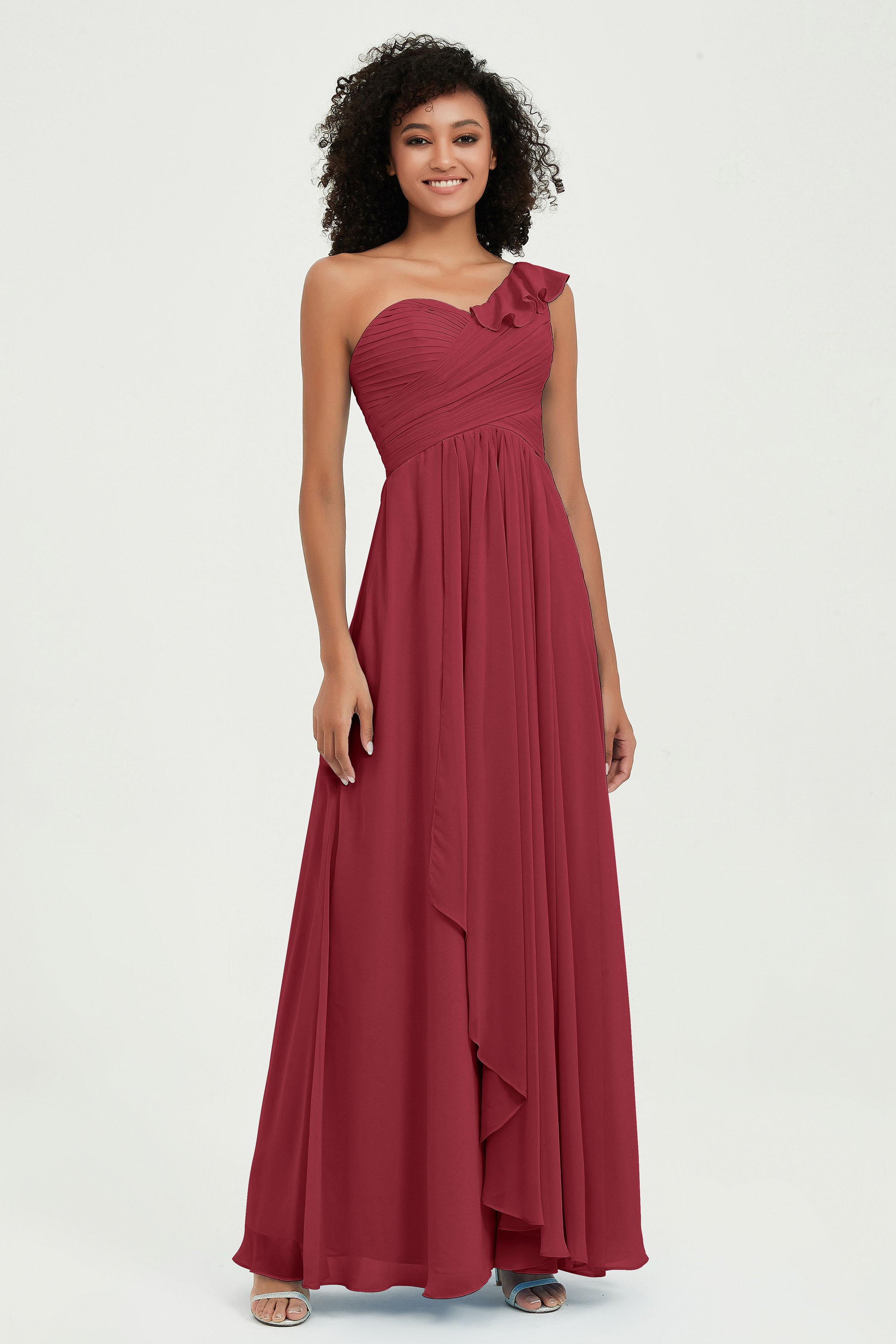 One Shoulder Chiffon Empire Bridesmaid Dresses Floor Length A Line Formal Evening Dress Gowns