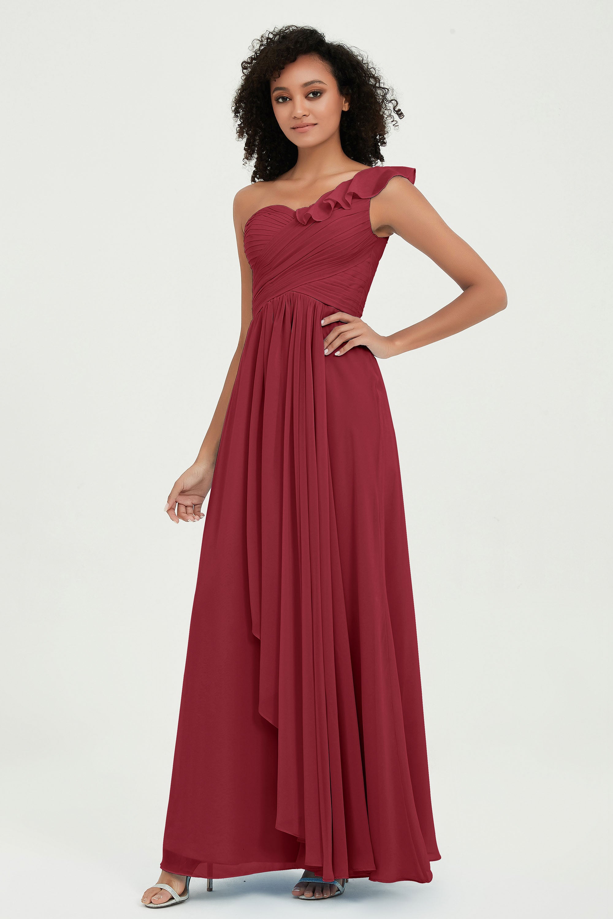 One Shoulder Chiffon Empire Bridesmaid Dresses Floor Length A Line Formal Evening Dress Gowns