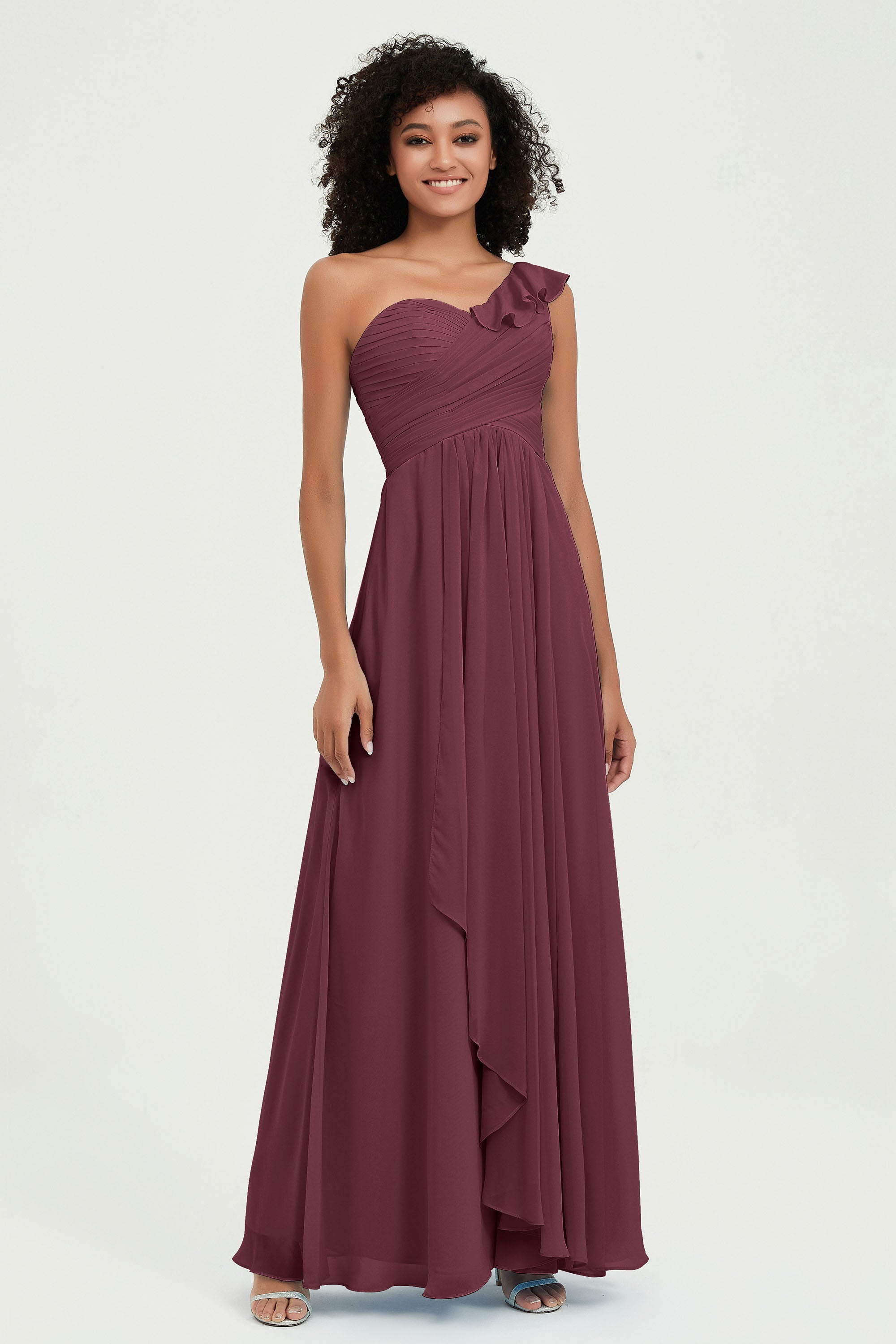 One Shoulder Chiffon Empire Bridesmaid Dresses Floor Length A Line Formal Evening Dress Gowns