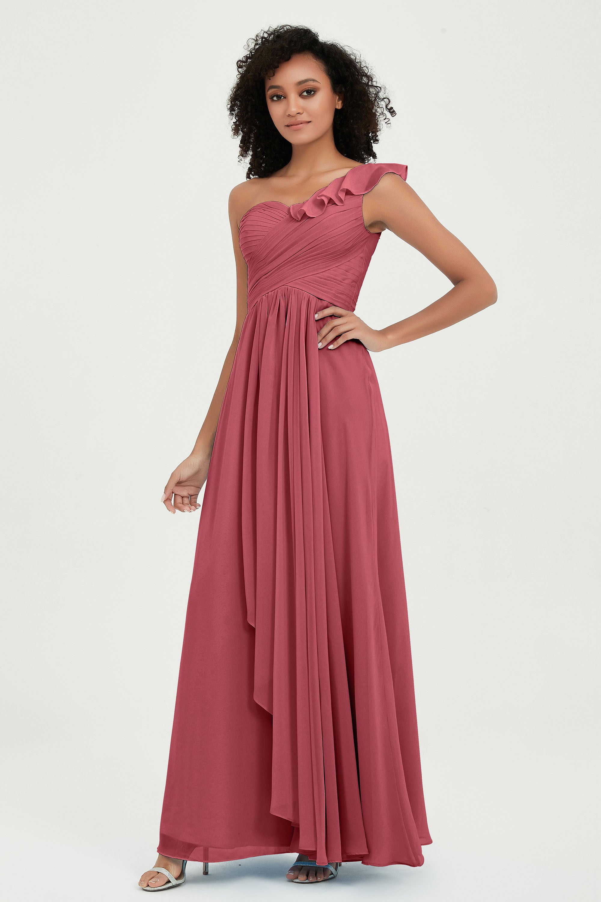 One Shoulder Chiffon Empire Bridesmaid Dresses Floor Length A Line Formal Evening Dress Gowns