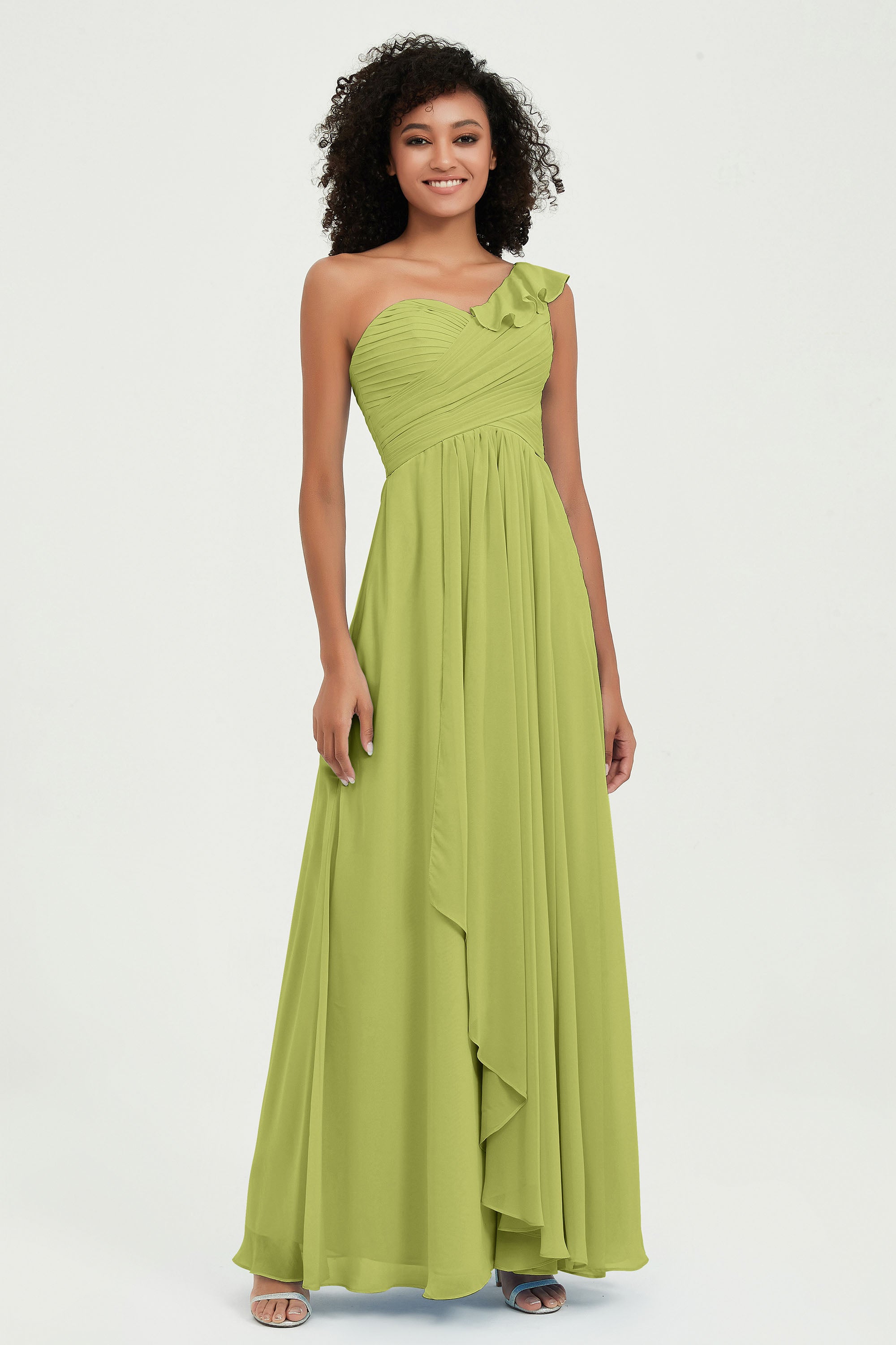 One Shoulder Chiffon Empire Bridesmaid Dresses Floor Length A Line Formal Evening Dress Gowns