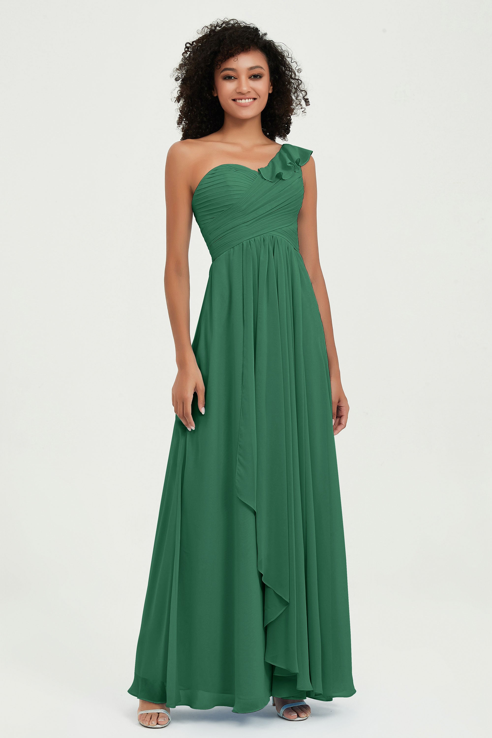 One Shoulder Chiffon Empire Bridesmaid Dresses Floor Length A Line Formal Evening Dress Gowns