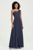 One Shoulder Chiffon Empire Bridesmaid Dresses Floor Length A Line Formal Evening Dress Gowns