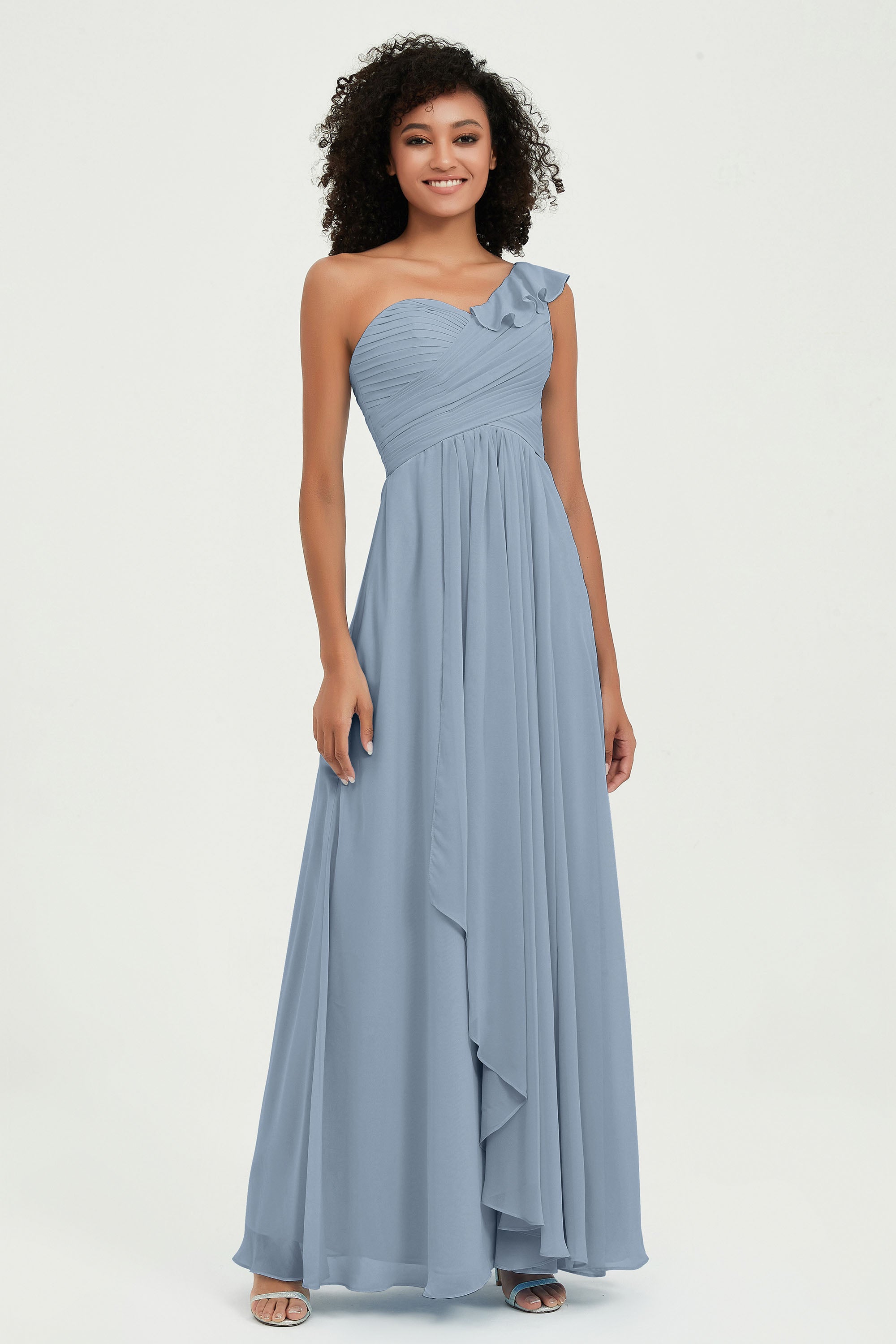 One Shoulder Chiffon Empire Bridesmaid Dresses Floor Length A Line Formal Evening Dress Gowns