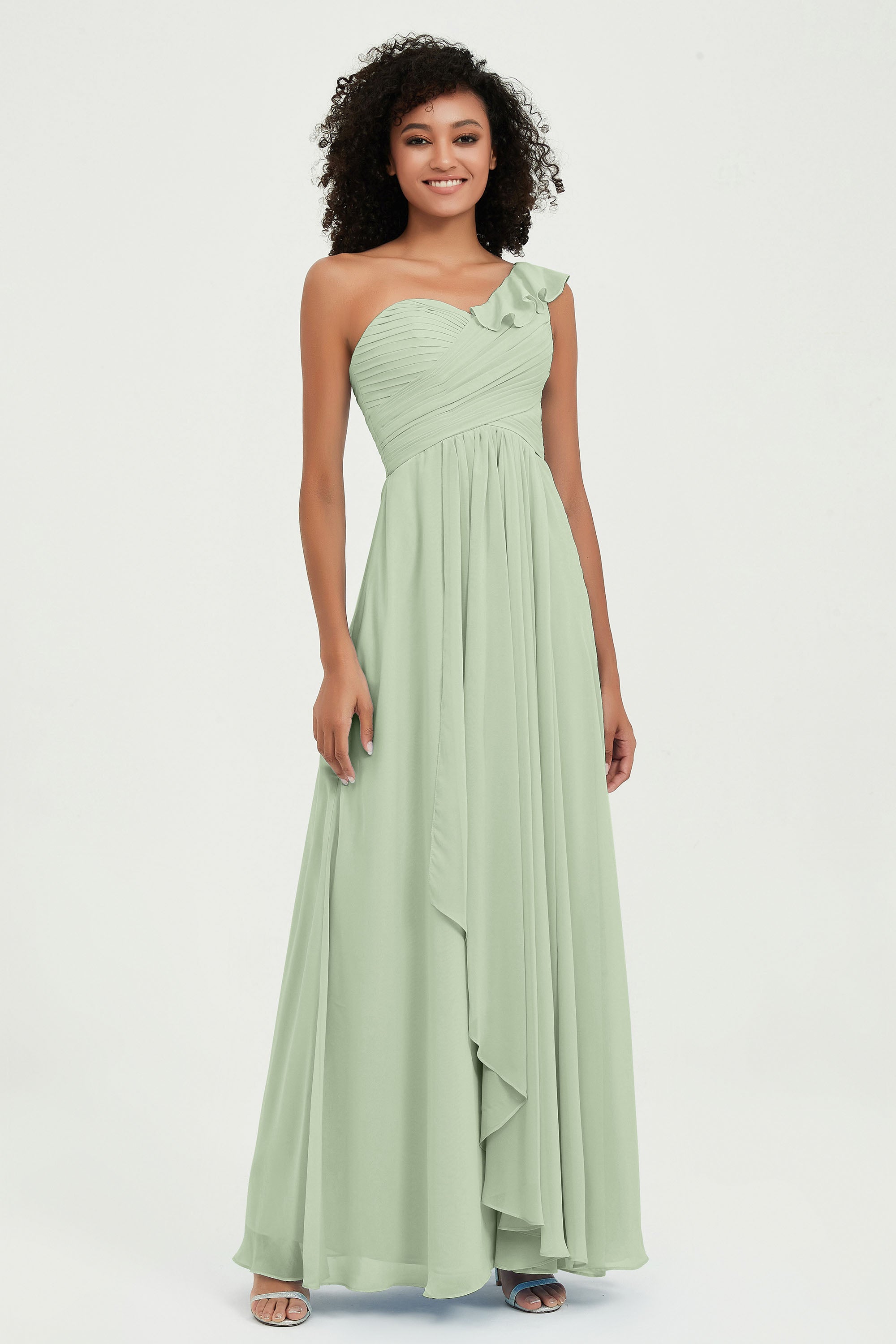 One Shoulder Chiffon Empire Bridesmaid Dresses Floor Length A Line Formal Evening Dress Gowns