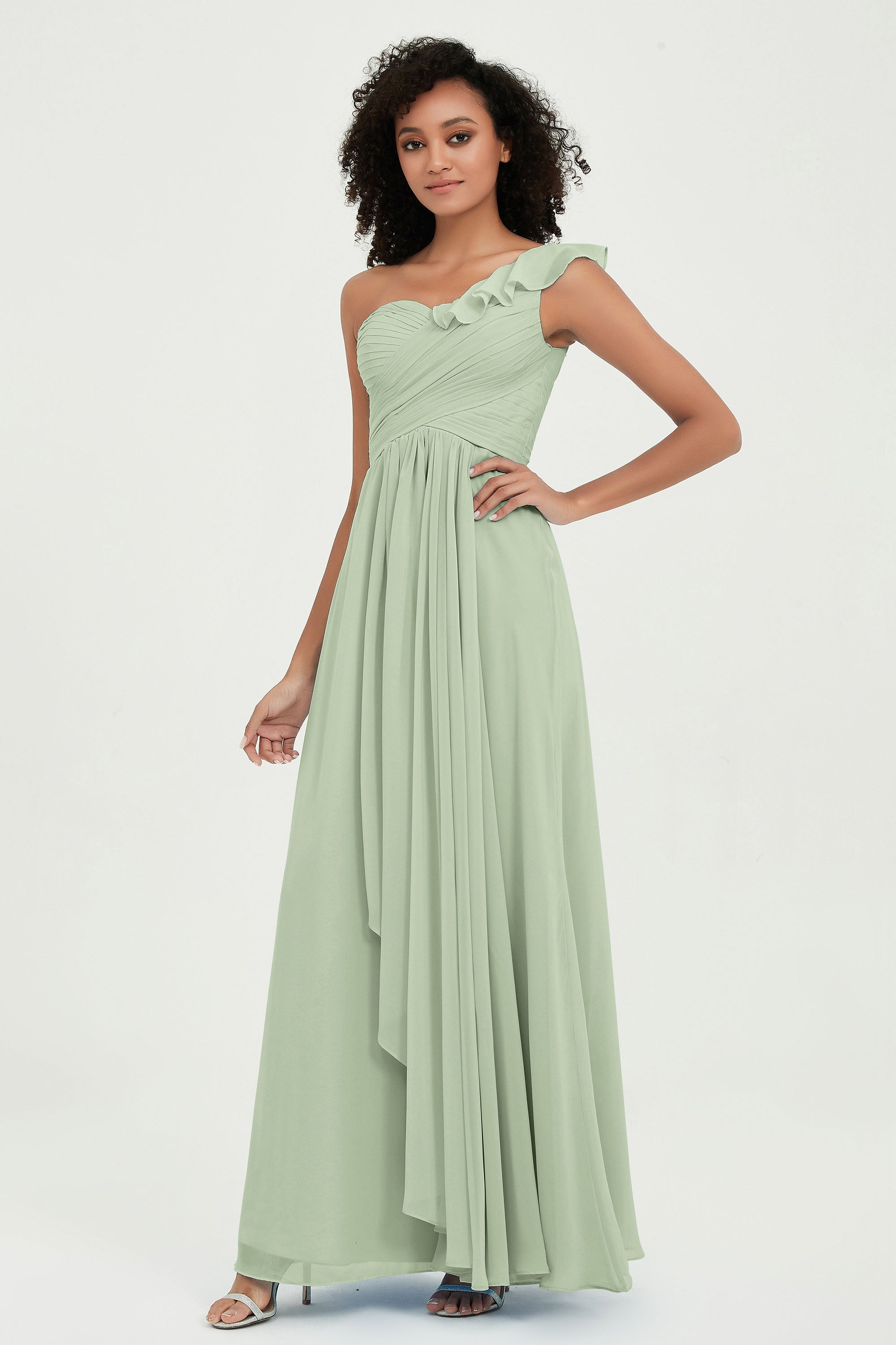 One Shoulder Chiffon Empire Bridesmaid Dresses Floor Length A Line Formal Evening Dress Gowns