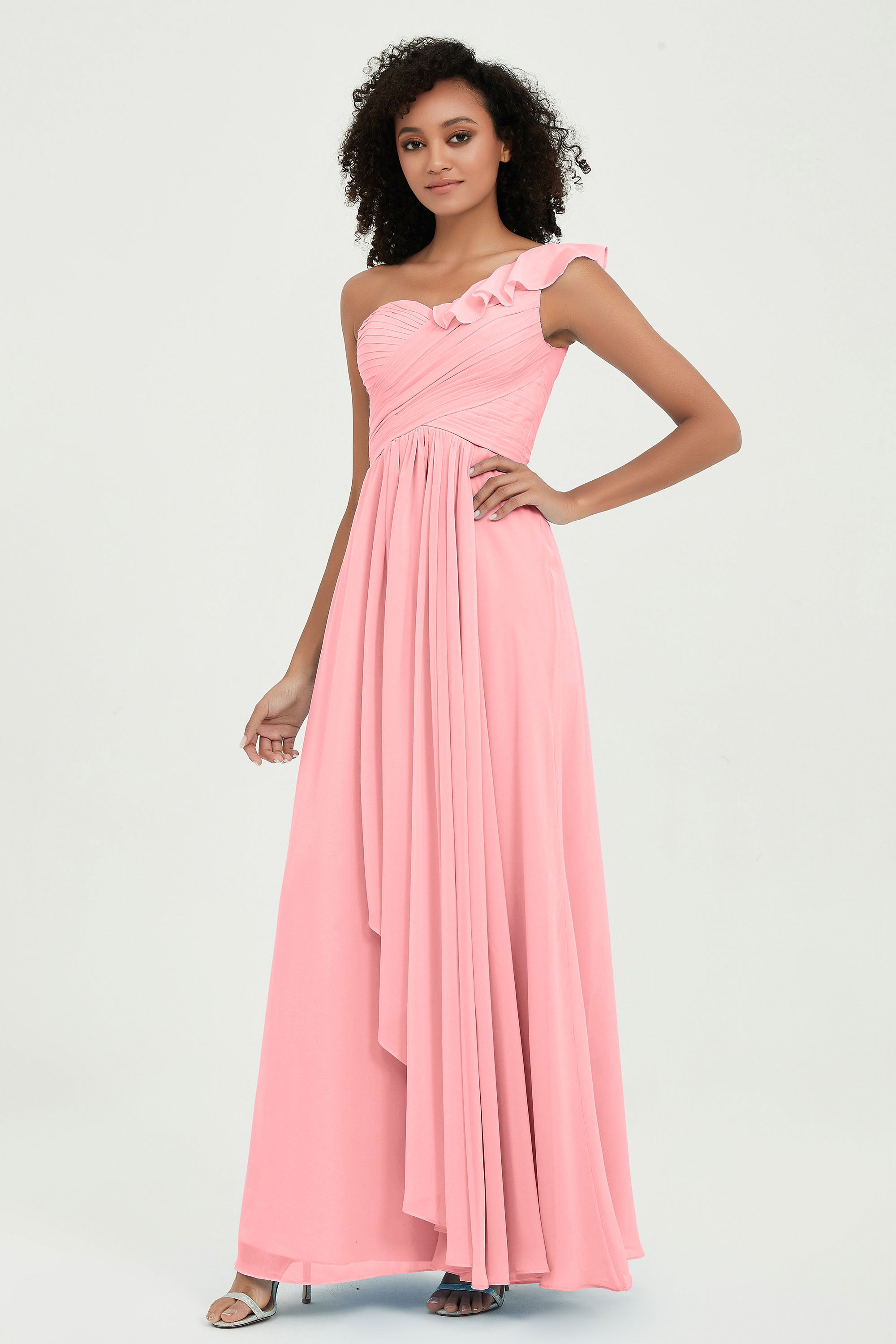 One Shoulder Chiffon Empire Bridesmaid Dresses Floor Length A Line Formal Evening Dress Gowns