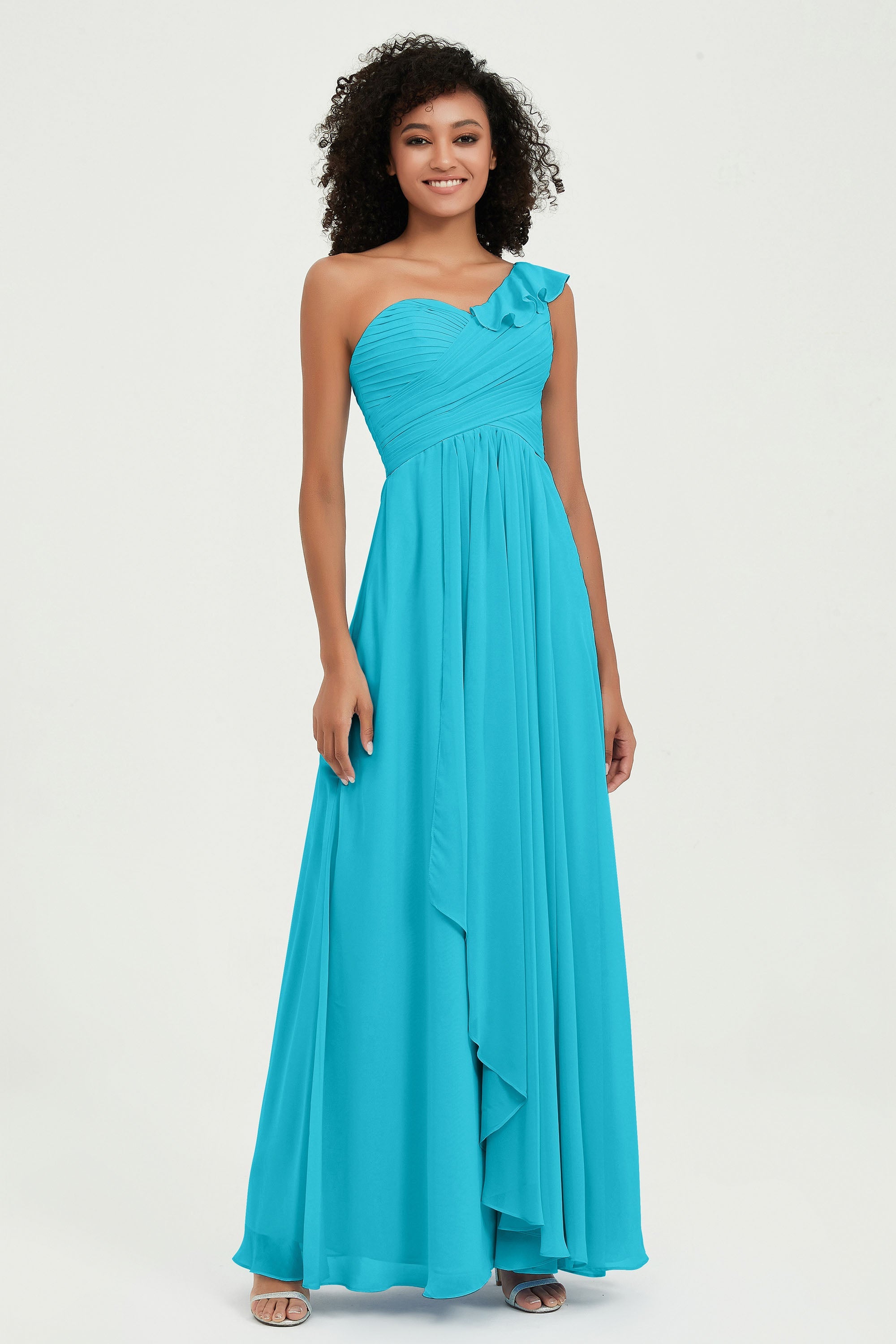 One Shoulder Chiffon Empire Bridesmaid Dresses Floor Length A Line Formal Evening Dress Gowns