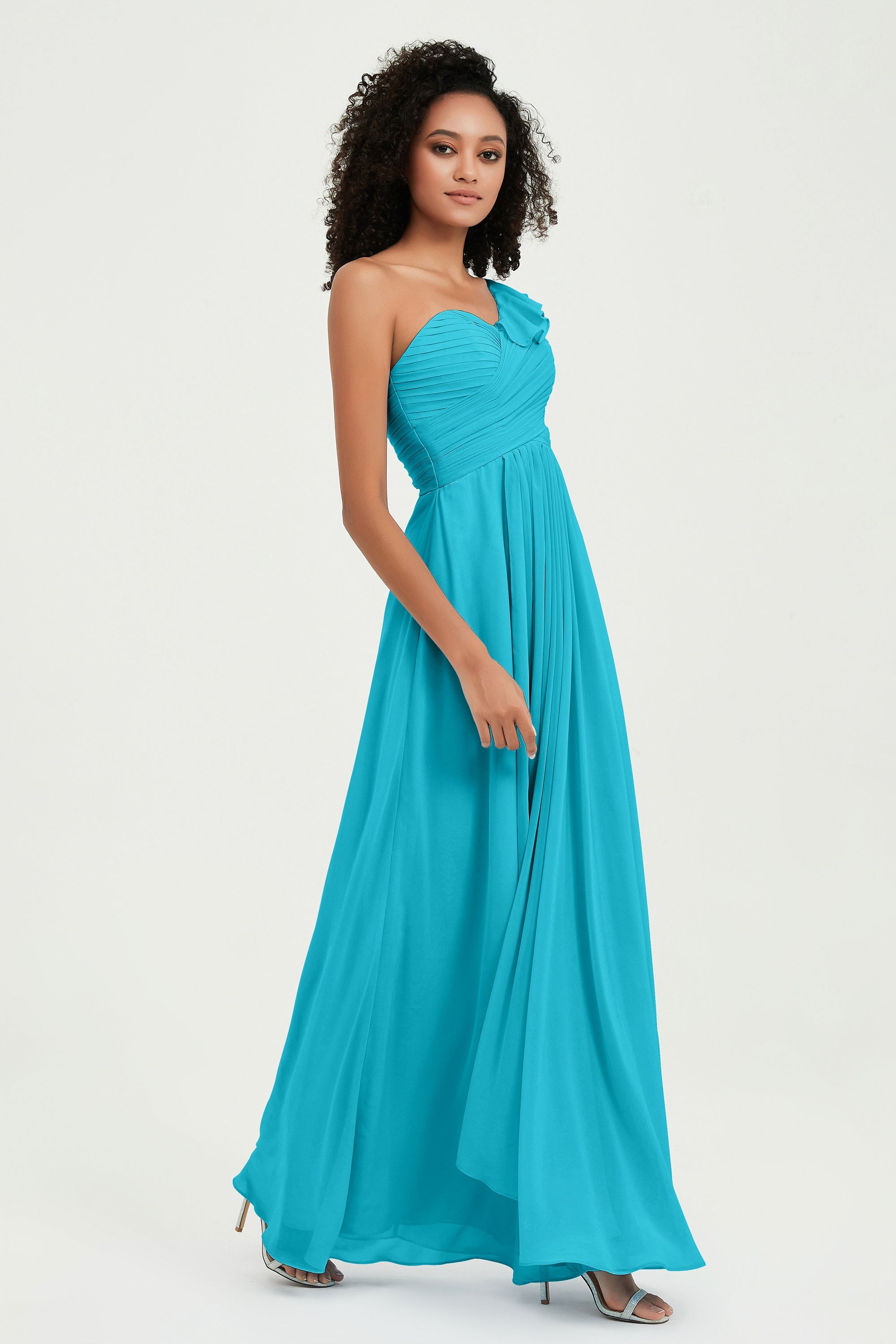 One Shoulder Chiffon Empire Bridesmaid Dresses Floor Length A Line Formal Evening Dress Gowns