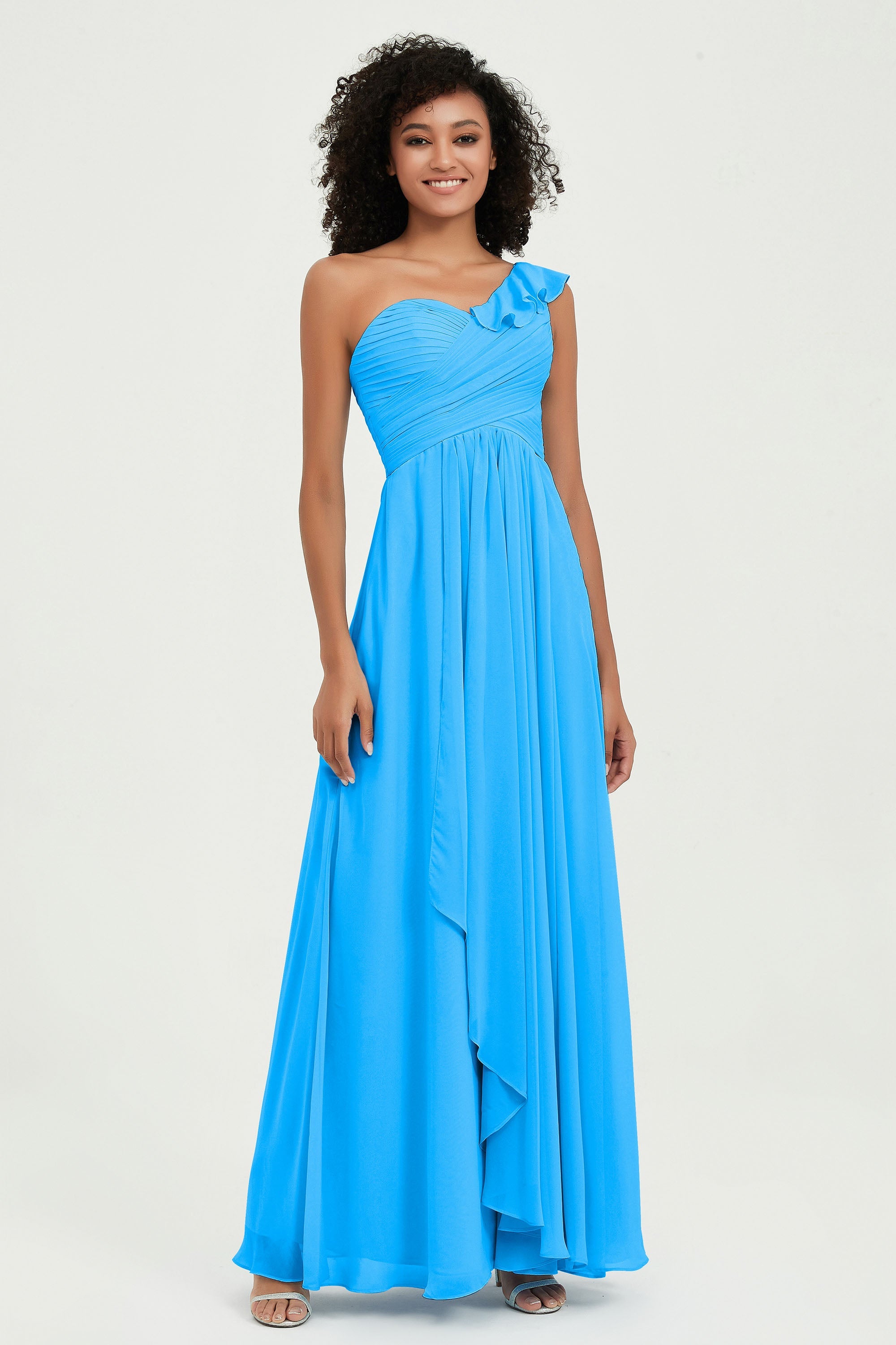 One Shoulder Chiffon Empire Bridesmaid Dresses Floor Length A Line Formal Evening Dress Gowns