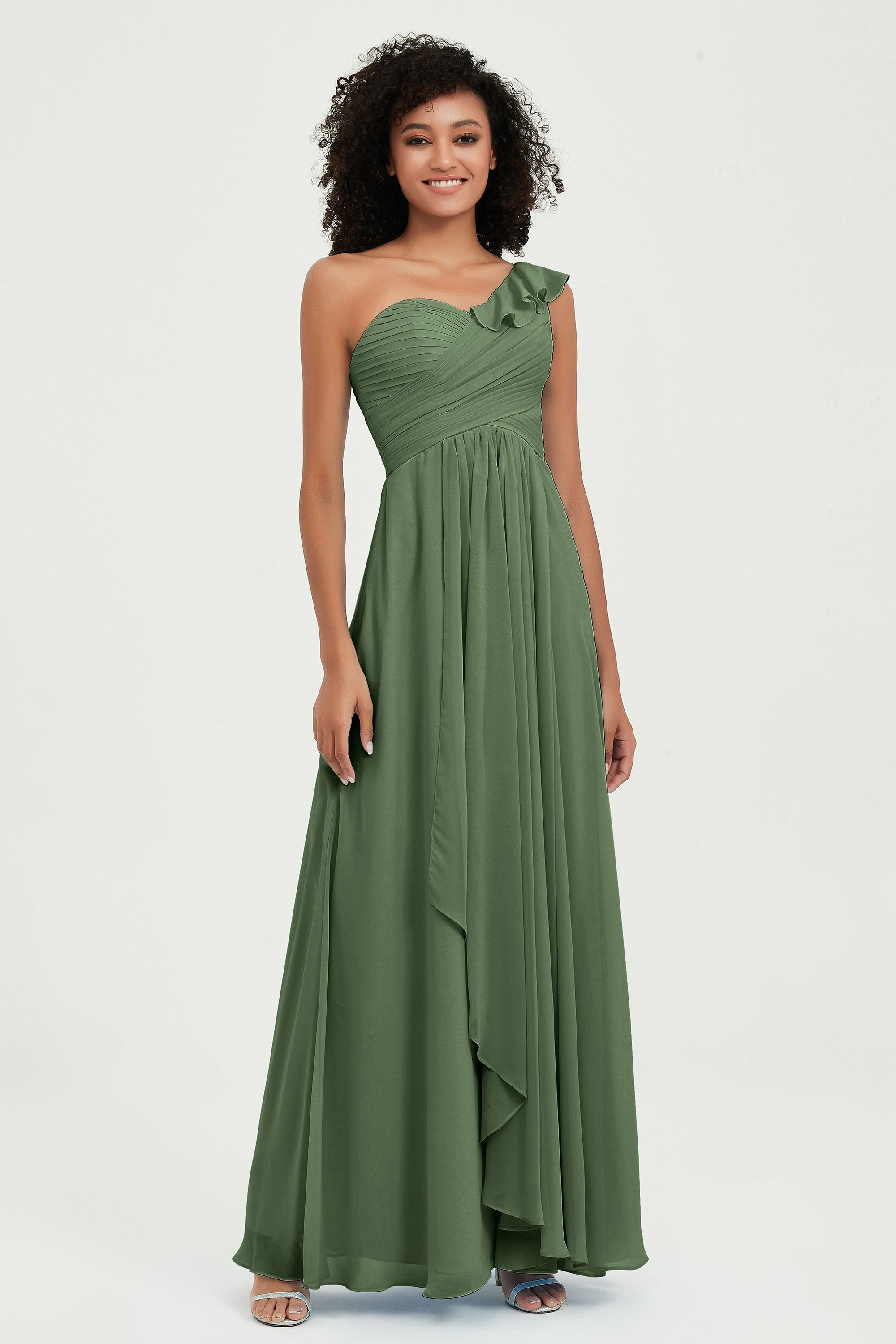 One Shoulder Chiffon Empire Bridesmaid Dresses Floor Length A Line Formal Evening Dress Gowns