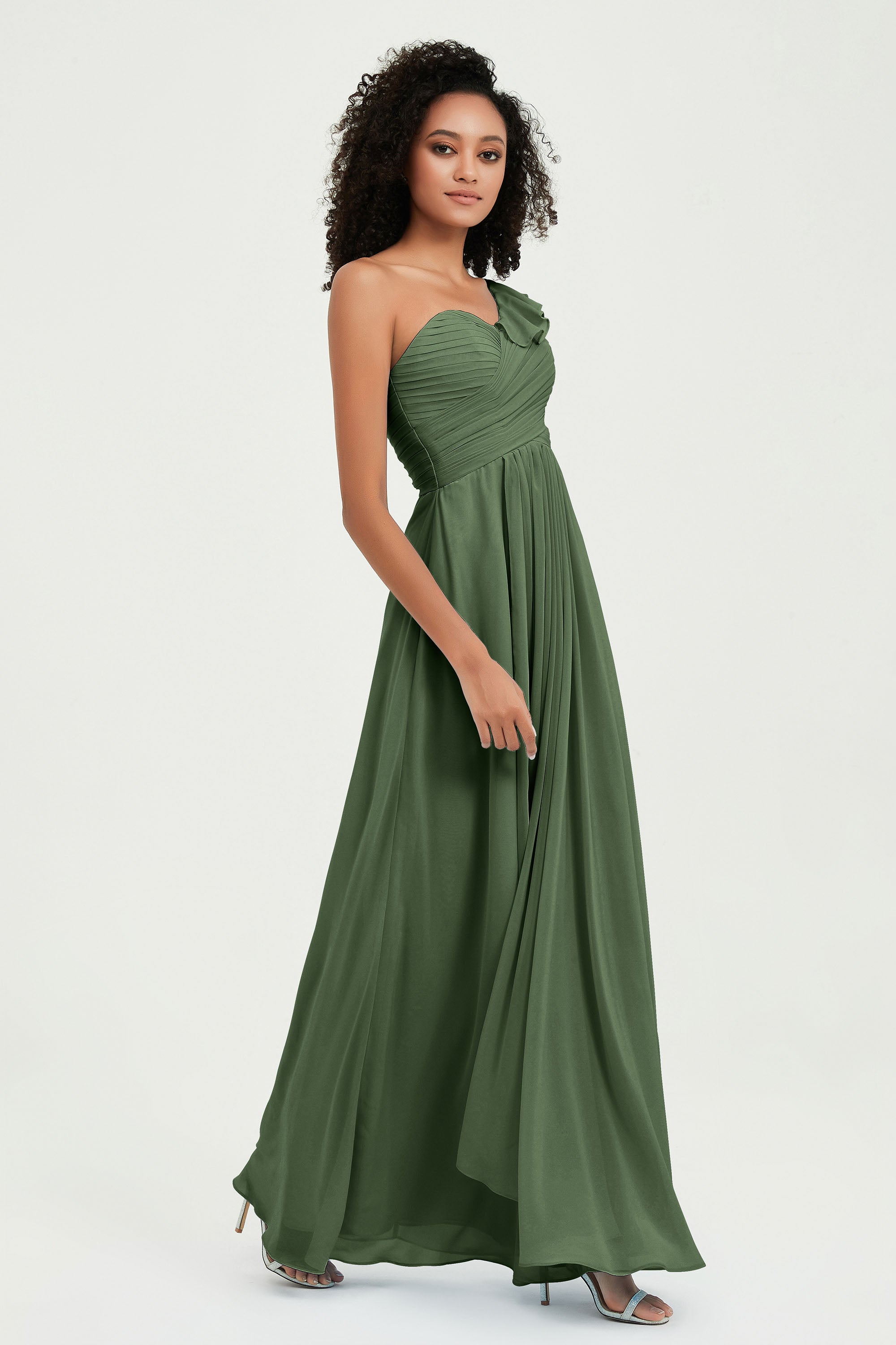 One Shoulder Chiffon Empire Bridesmaid Dresses Floor Length A Line Formal Evening Dress Gowns