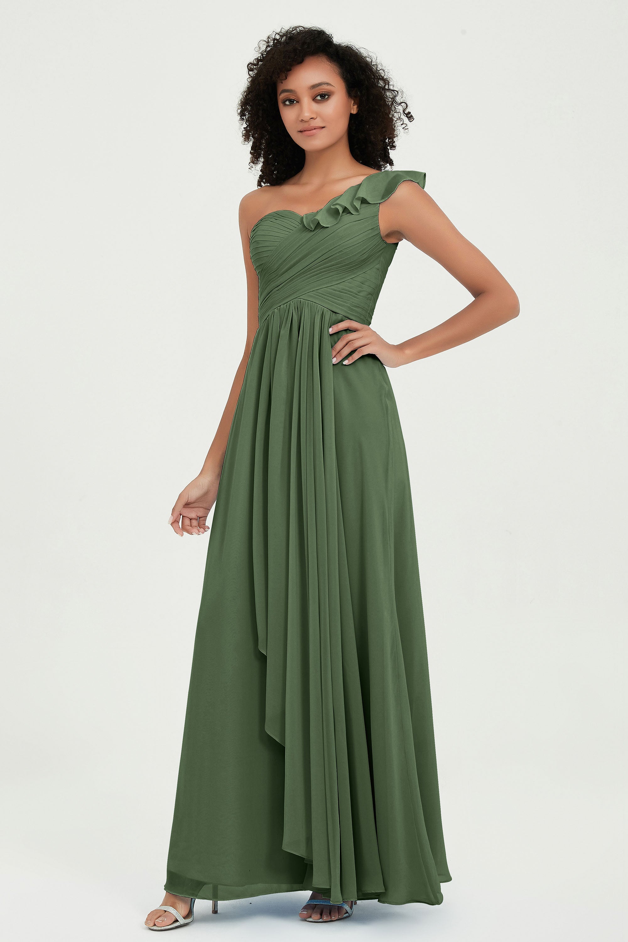 One Shoulder Chiffon Empire Bridesmaid Dresses Floor Length A Line Formal Evening Dress Gowns