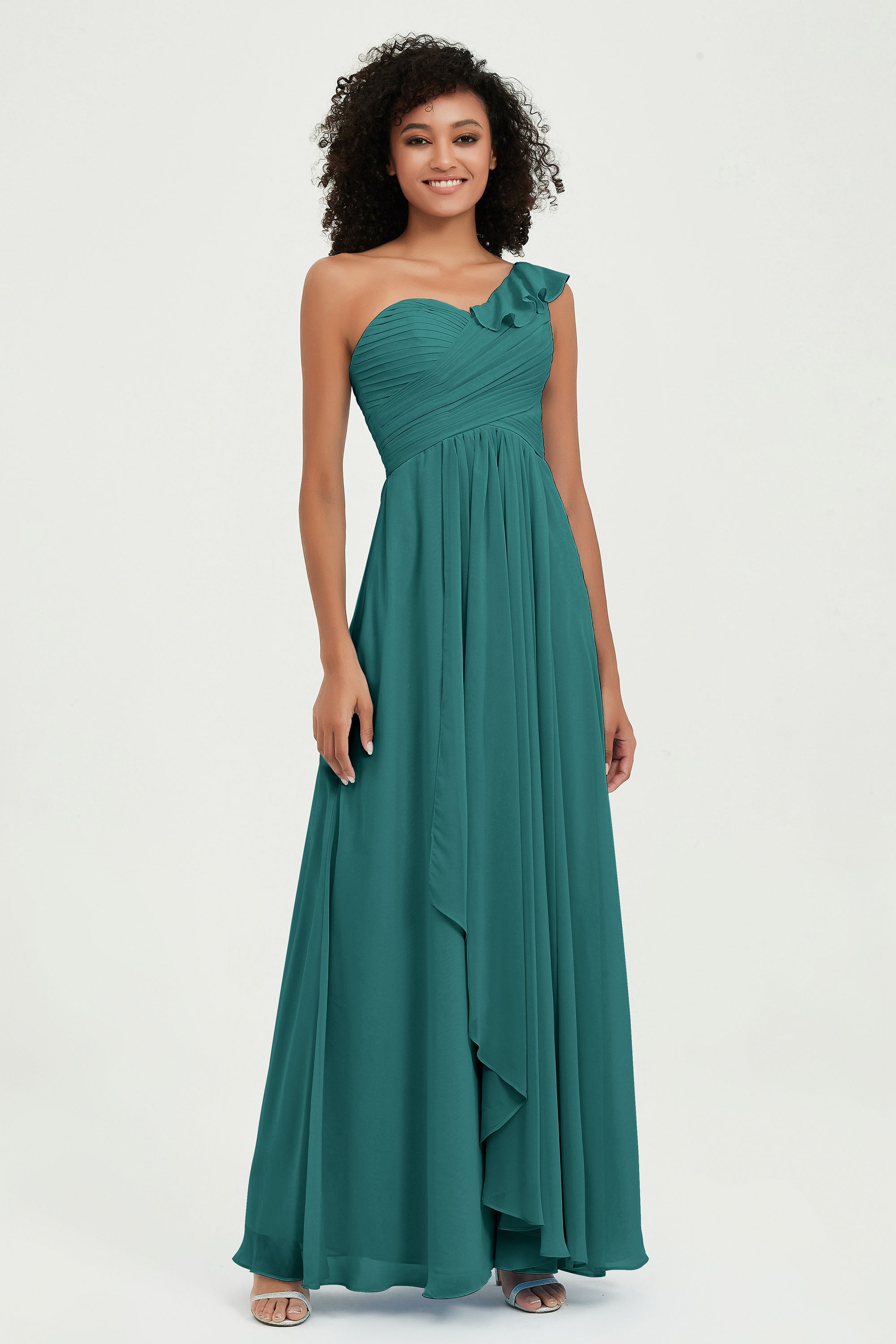 One Shoulder Chiffon Empire Bridesmaid Dresses Floor Length A Line Formal Evening Dress Gowns