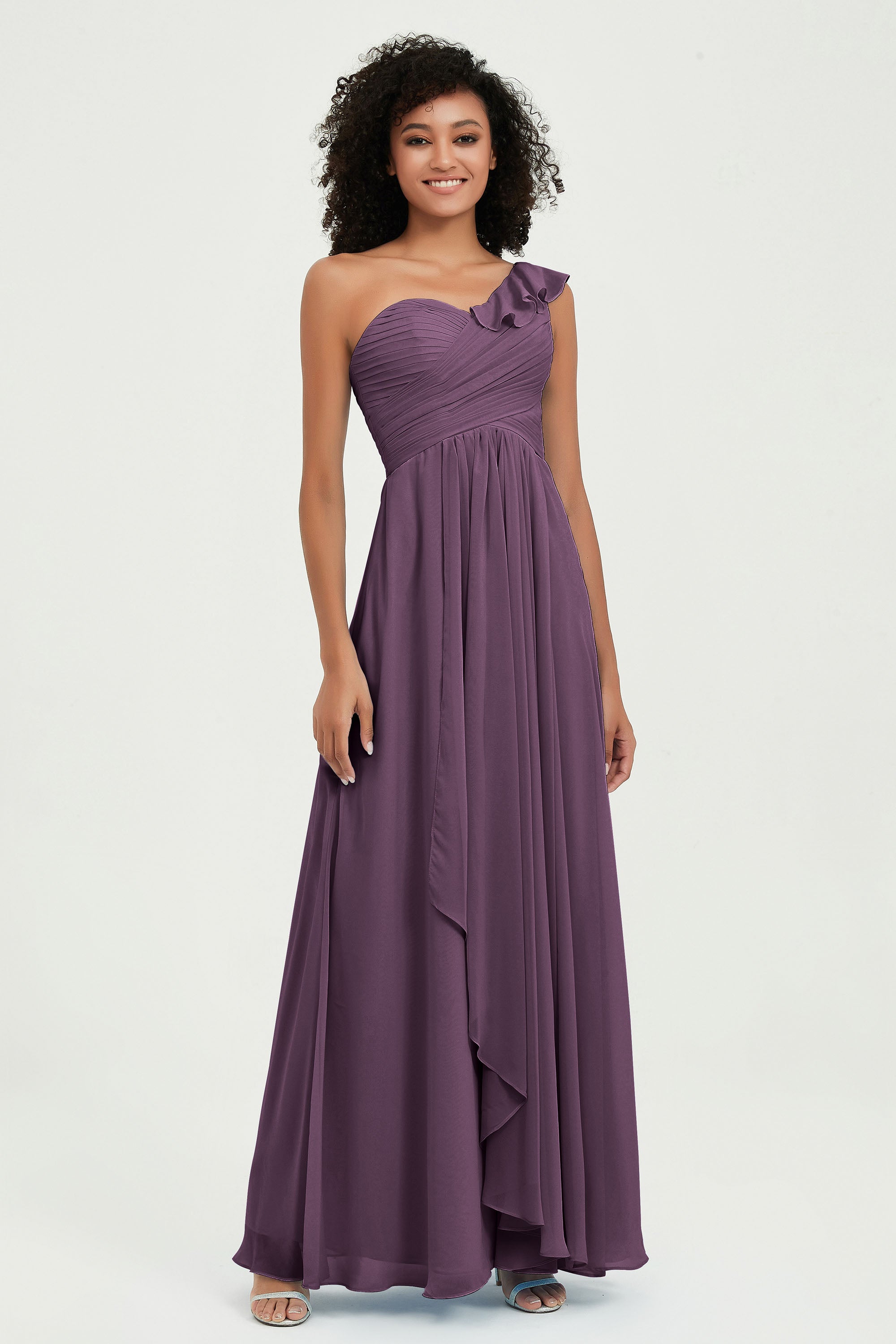 One Shoulder Chiffon Empire Bridesmaid Dresses Floor Length A Line Formal Evening Dress Gowns