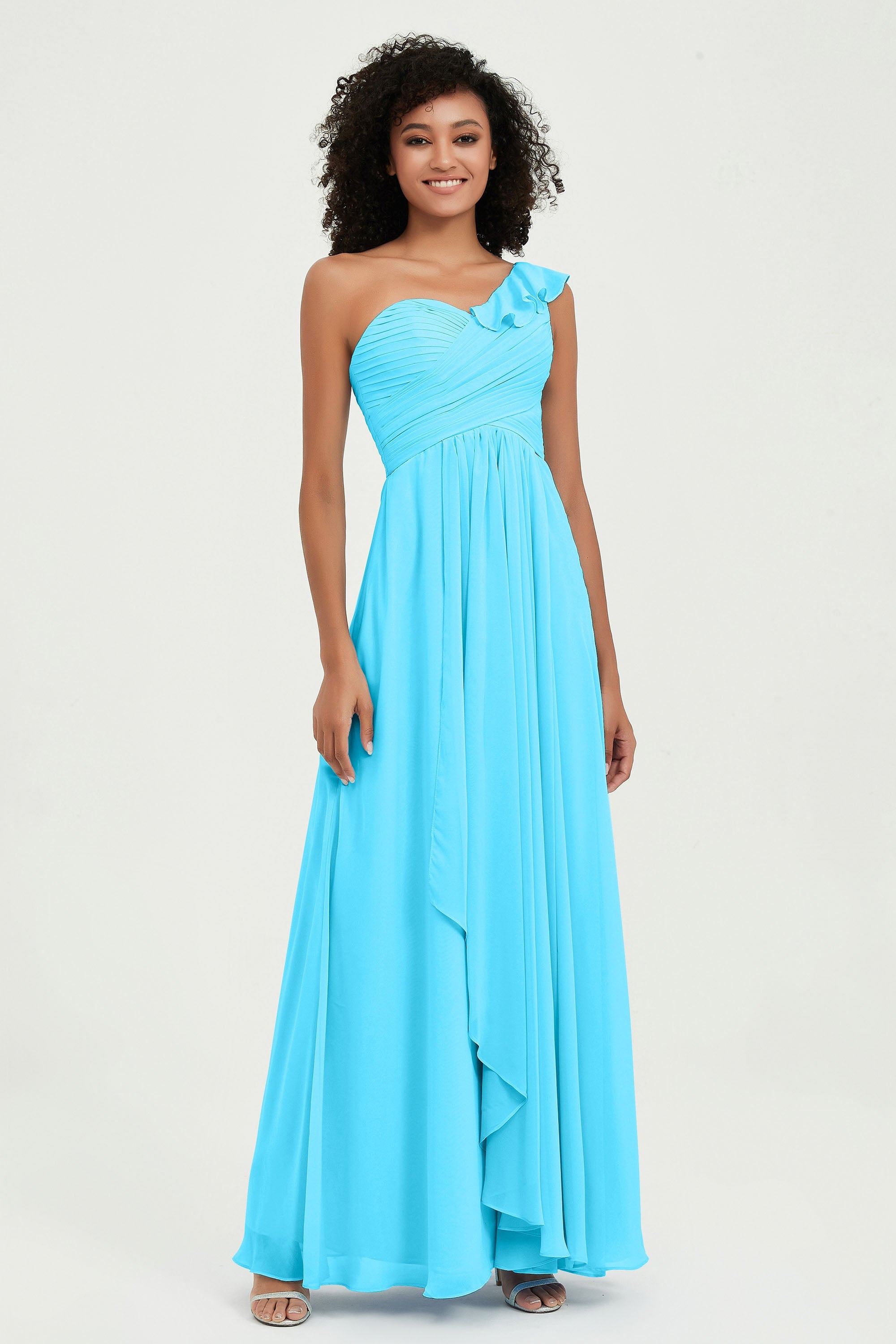 One Shoulder Chiffon Empire Bridesmaid Dresses Floor Length A Line Formal Evening Dress Gowns