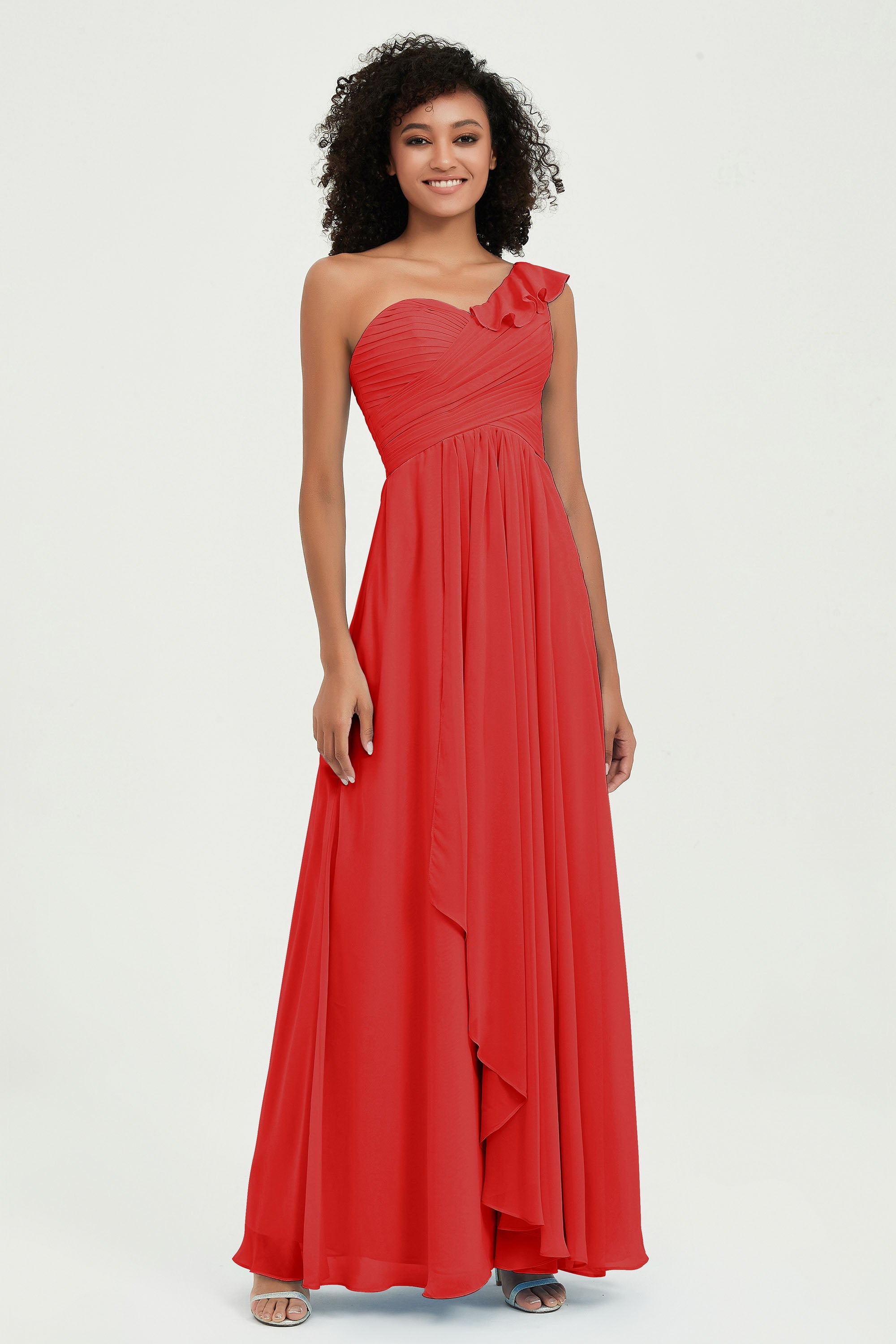 One Shoulder Chiffon Empire Bridesmaid Dresses Floor Length A Line Formal Evening Dress Gowns