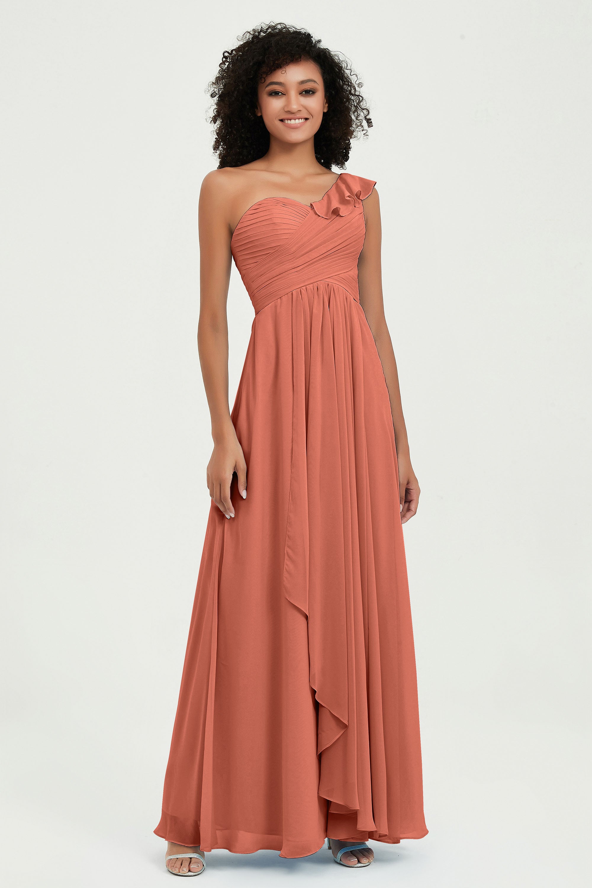 One Shoulder Chiffon Empire Bridesmaid Dresses Floor Length A Line Formal Evening Dress Gowns