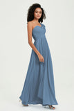 One Shoulder Chiffon Empire Bridesmaid Dresses Floor Length A Line Formal Evening Dress Gowns
