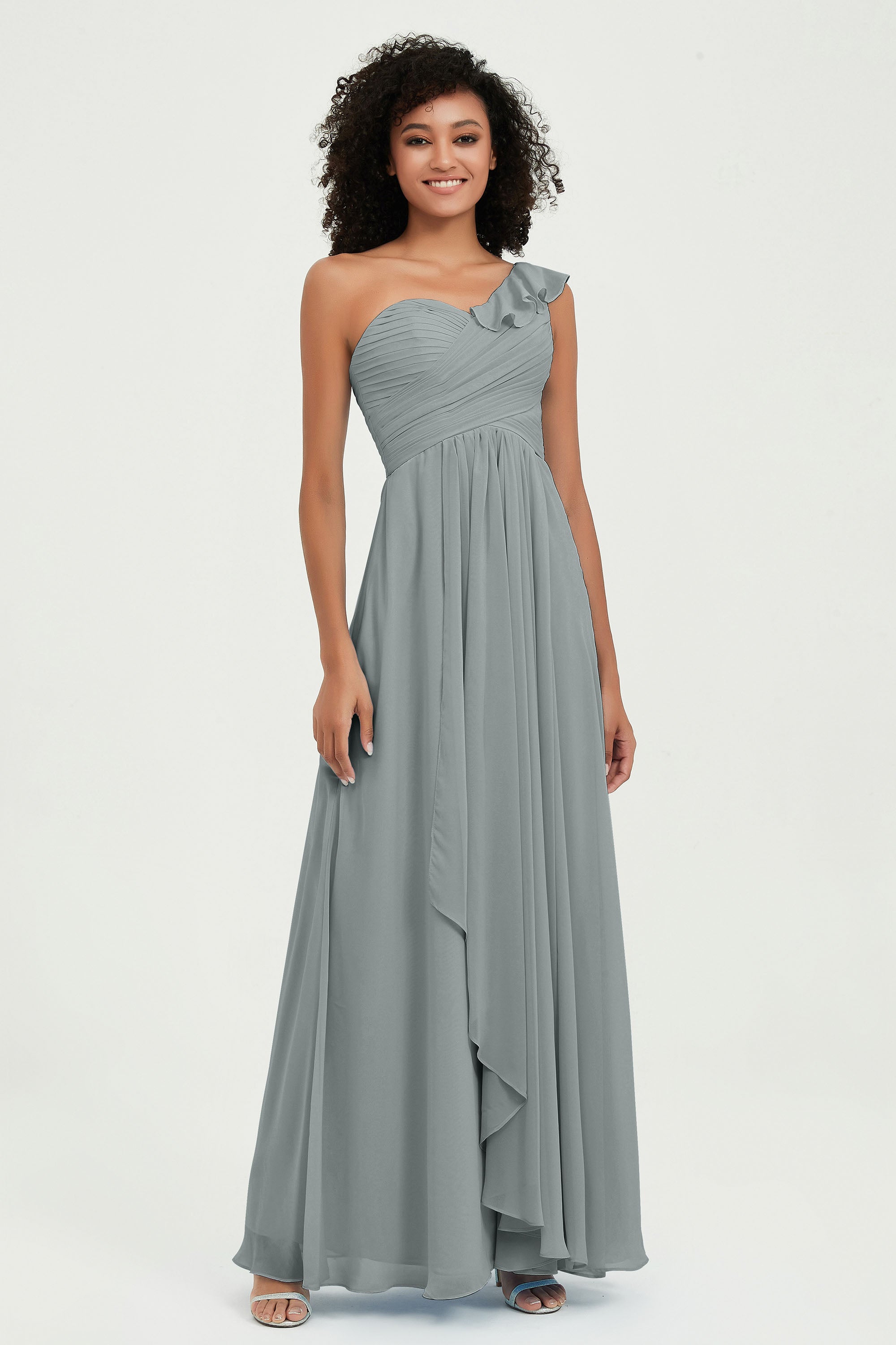 One Shoulder Chiffon Empire Bridesmaid Dresses Floor Length A Line Formal Evening Dress Gowns